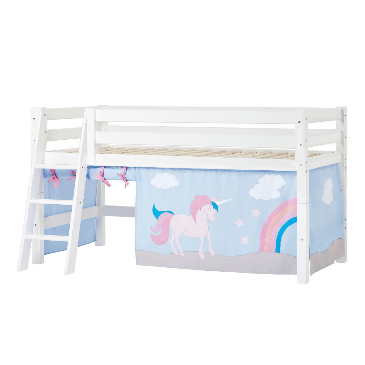 BUNDLE ECO Luxury Halbhochbett 90x200 cm mit schräger Leiter und mit UNICORN-Vorhang