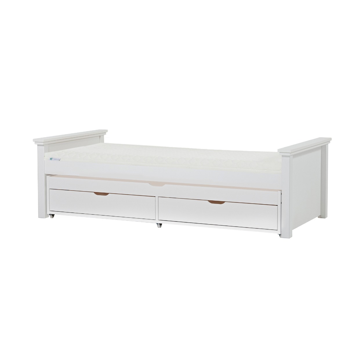 Hoppekids Maja Deluxe Bett 90x200 cm mit mittelhohen Giebeln Eco Luxury-Matratze und Auszieh-/Gästebett 90x190 cm - Matratzenbezugsfarbe: Sand