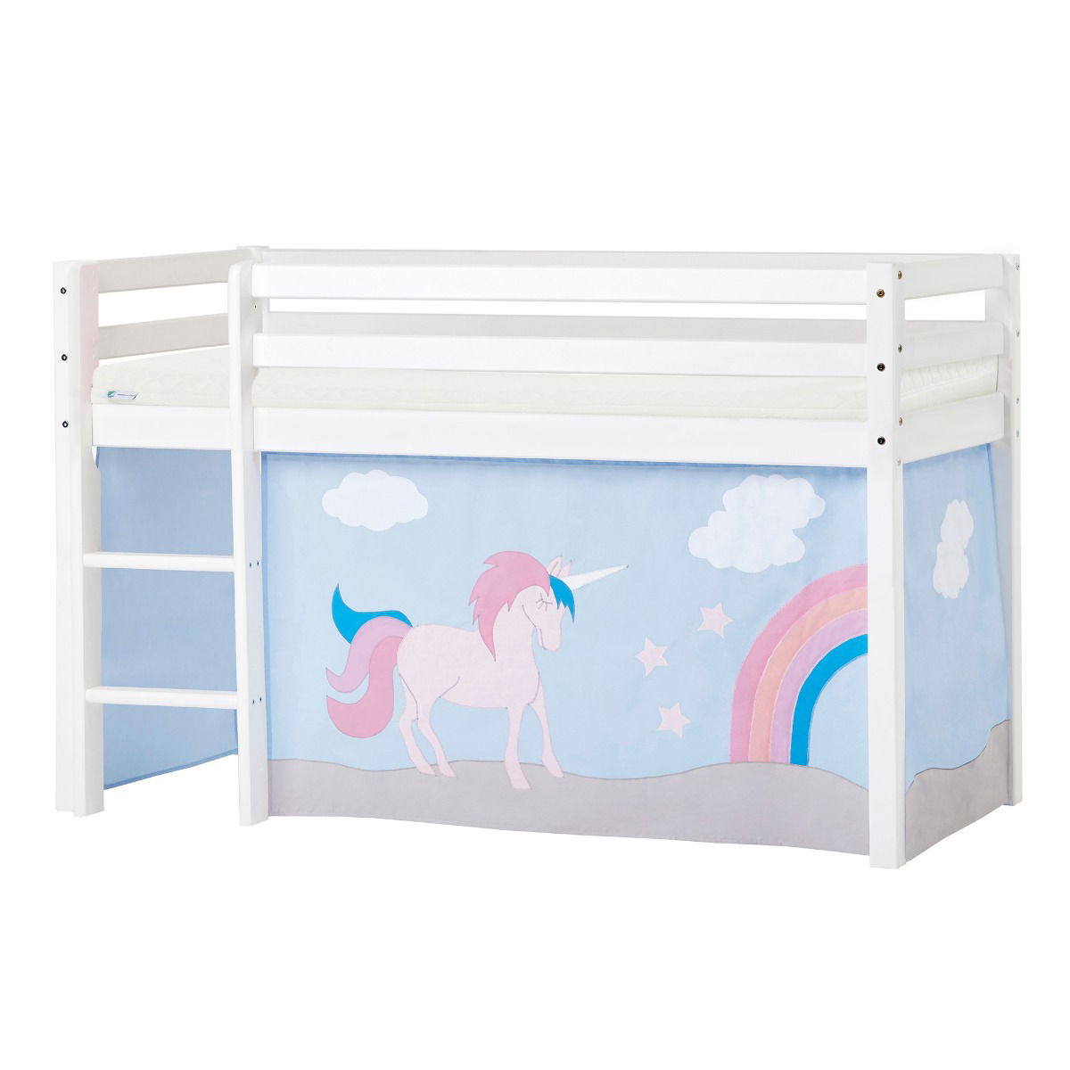 BUNDLE ECO Dream Halbhochbett 70x160 cm (nicht teilbar) mit UNICORN Vorhang und ECO Dream-Matratze