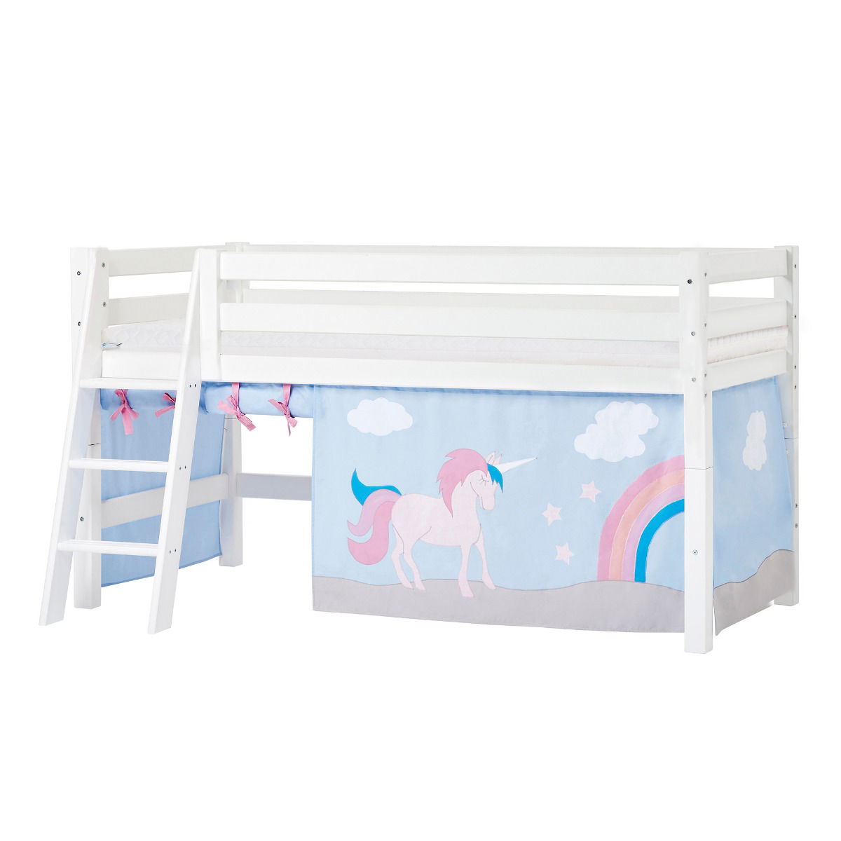 BUNDLE ECO Luxury Halbhochbett 90x200 cm mit schräger Leiter mit UNICORN-Vorhang und ECO Luxury Matratze