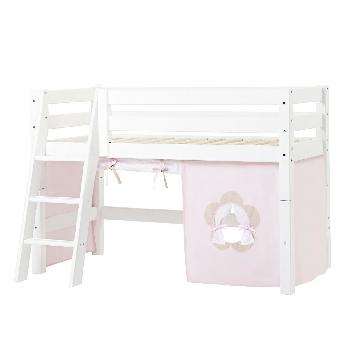 BUNDLE ECO Luxury Halbhochbett 70x160 cm mit schräger Leiter und mit FAIRYTALE FLOWER-Vorhang