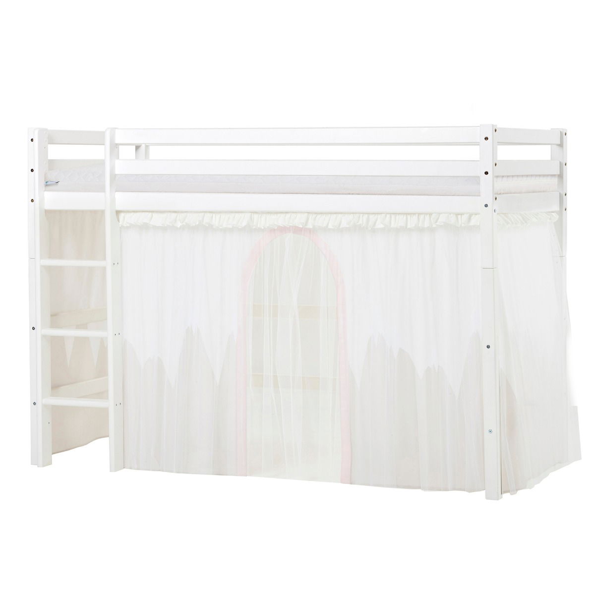 BUNDLE ECO Dream Mittel-hochbett 90x200 cm mit WINTER WONDERLAND Vorhang mit Tüll und ECO Dream-Matratze