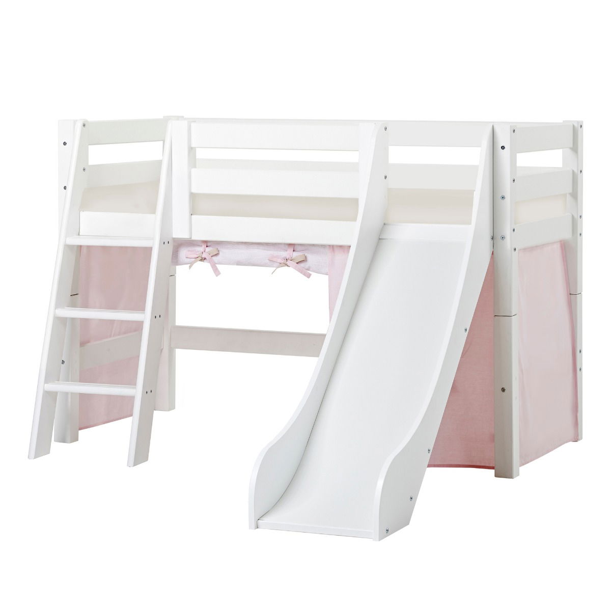 BUNDLE ECO Luxury Halbhochbett 70x160 cm mit schräger Leiter Rutsche mit FAIRYTALE FLOWER-Vorhang und Kaltschaum-Matratze