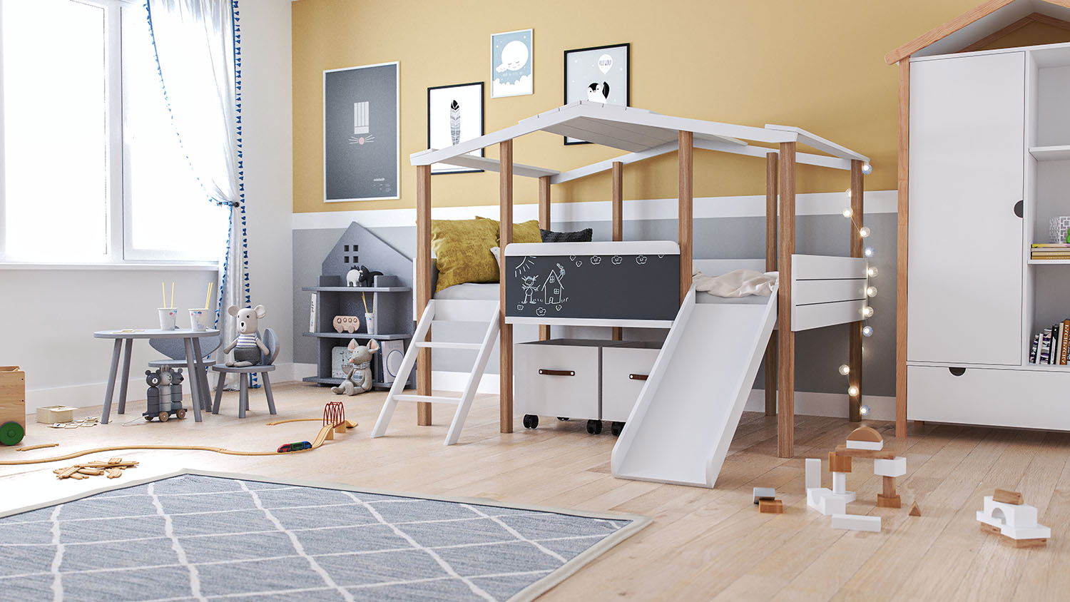 Nature Kid Cory Kinderzimmer weiß/natur 5-teilig mit Hausbett 90 x 160 cm mit Dach
