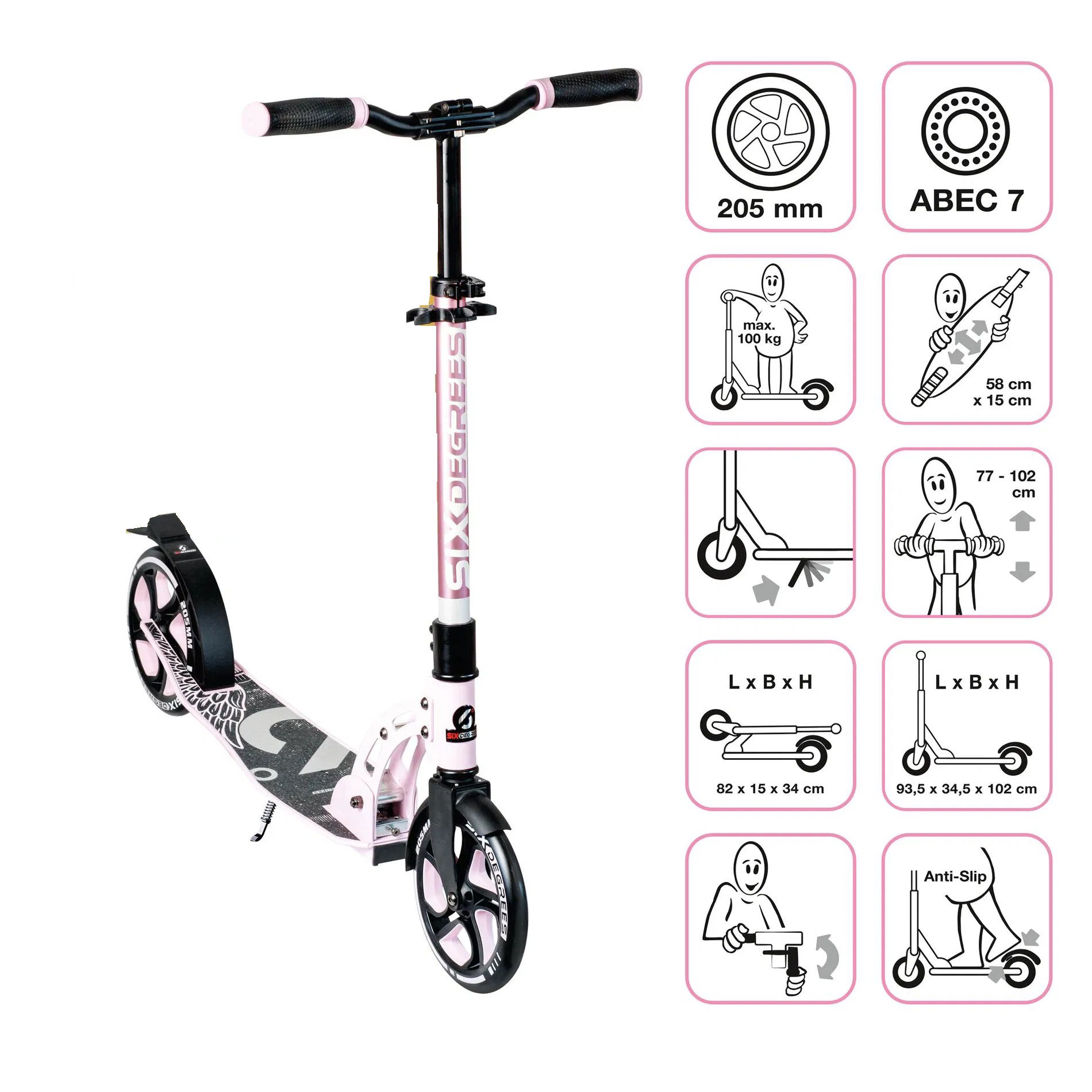 SIX DEGREES Aluminium Scooter 205 mm pastellrosa