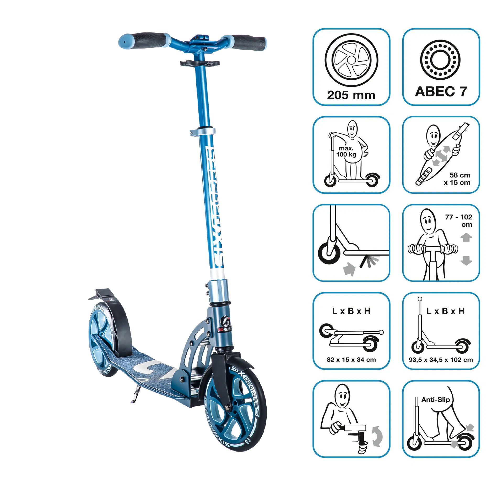 SIX DEGREES Aluminium Scooter 205 mm blau
