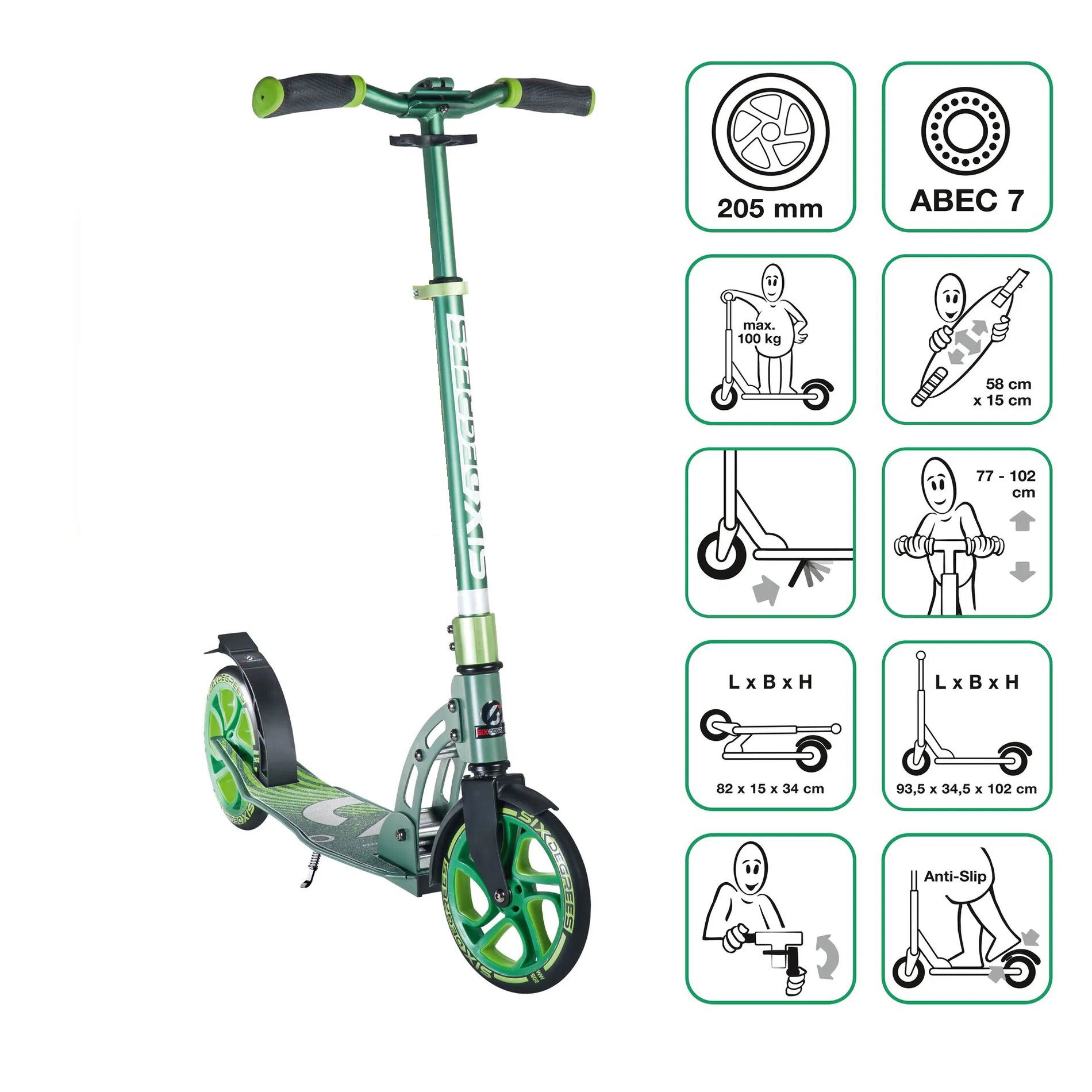 SIX DEGREES Aluminium Scooter 205 mm grün