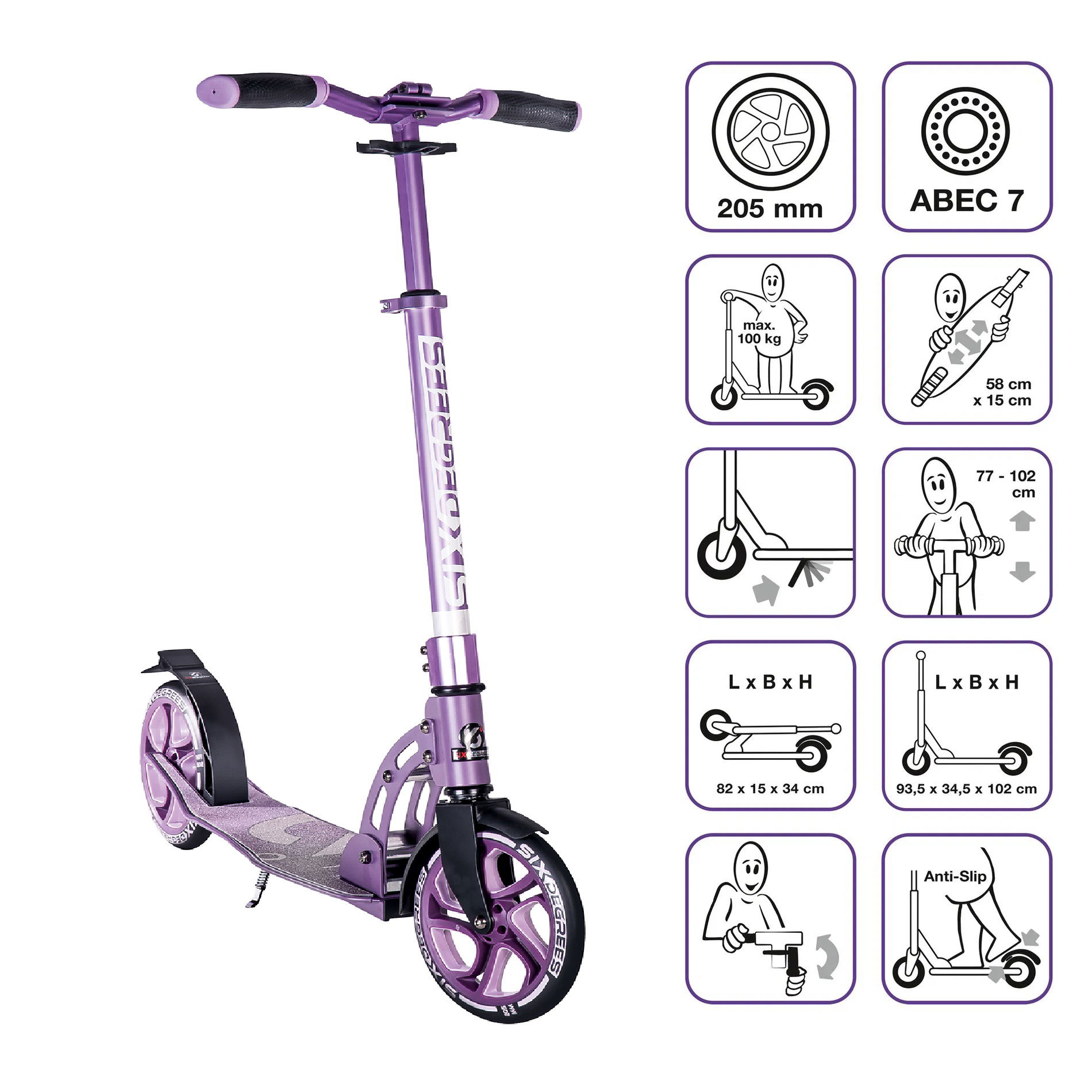 SIX DEGREES Aluminium Scooter 205 mm lila