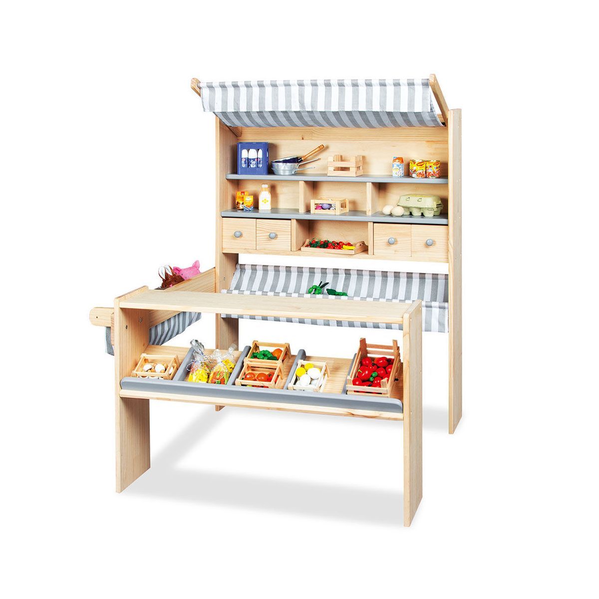 Pinolino Marktstand Lucy - natur/grau Fichte massiv/MDF, mit Stoffdach und -ablage