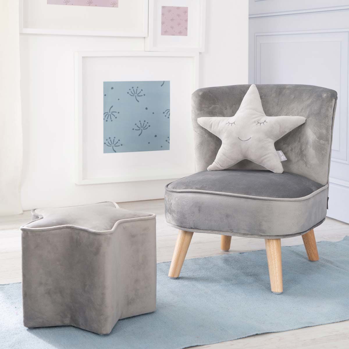 Roba Lil Sofa Set klein roba Style silbergrau inkl. Kindersessel, Sternenhocker & Kissen Stern