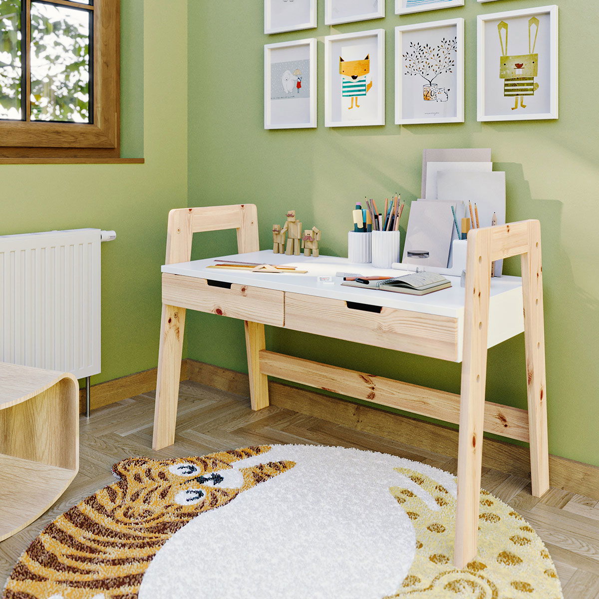 Nature Kid Cory Schreibtisch weiß/natur höhenverstellbar, aus Kiefer und MDF