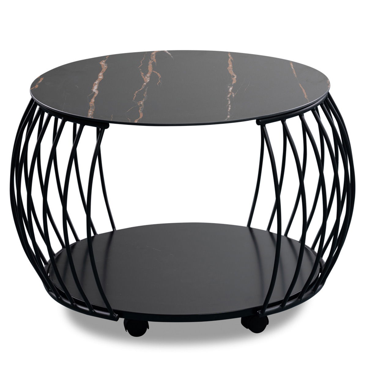 M2 Kollektion - Macau 1 Couchtisch; gesinterter Stein dunkel / Bodenplatte: MDF schwarz, 15mm / Gestell: Metall schwarz auf Rollen