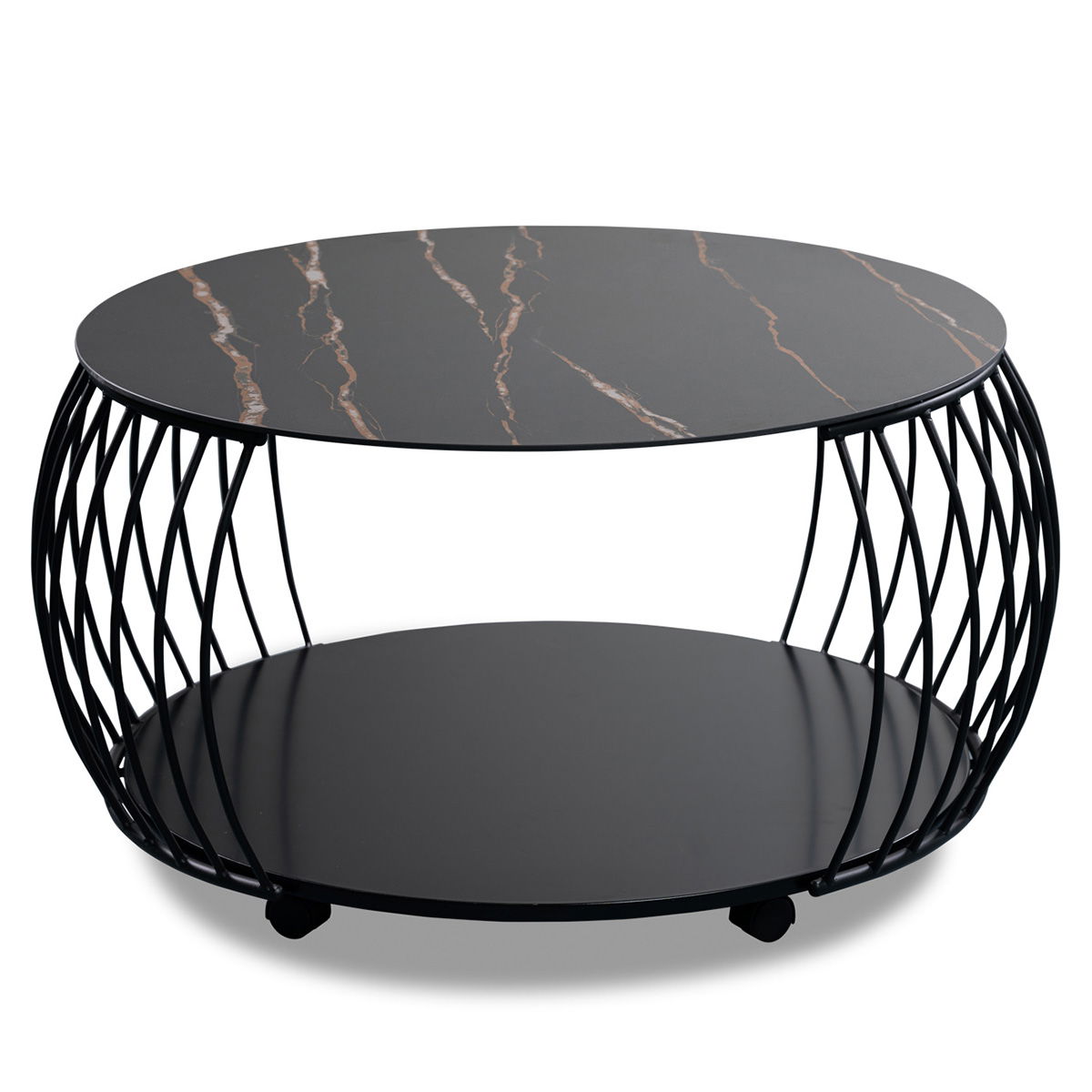 M2 Kollektion - Macau 2 Couchtisch; gesinterter Stein dunkel / Bodenplatte: MDF schwarz, 15mm / Gestell: Metall schwarz auf Rollen