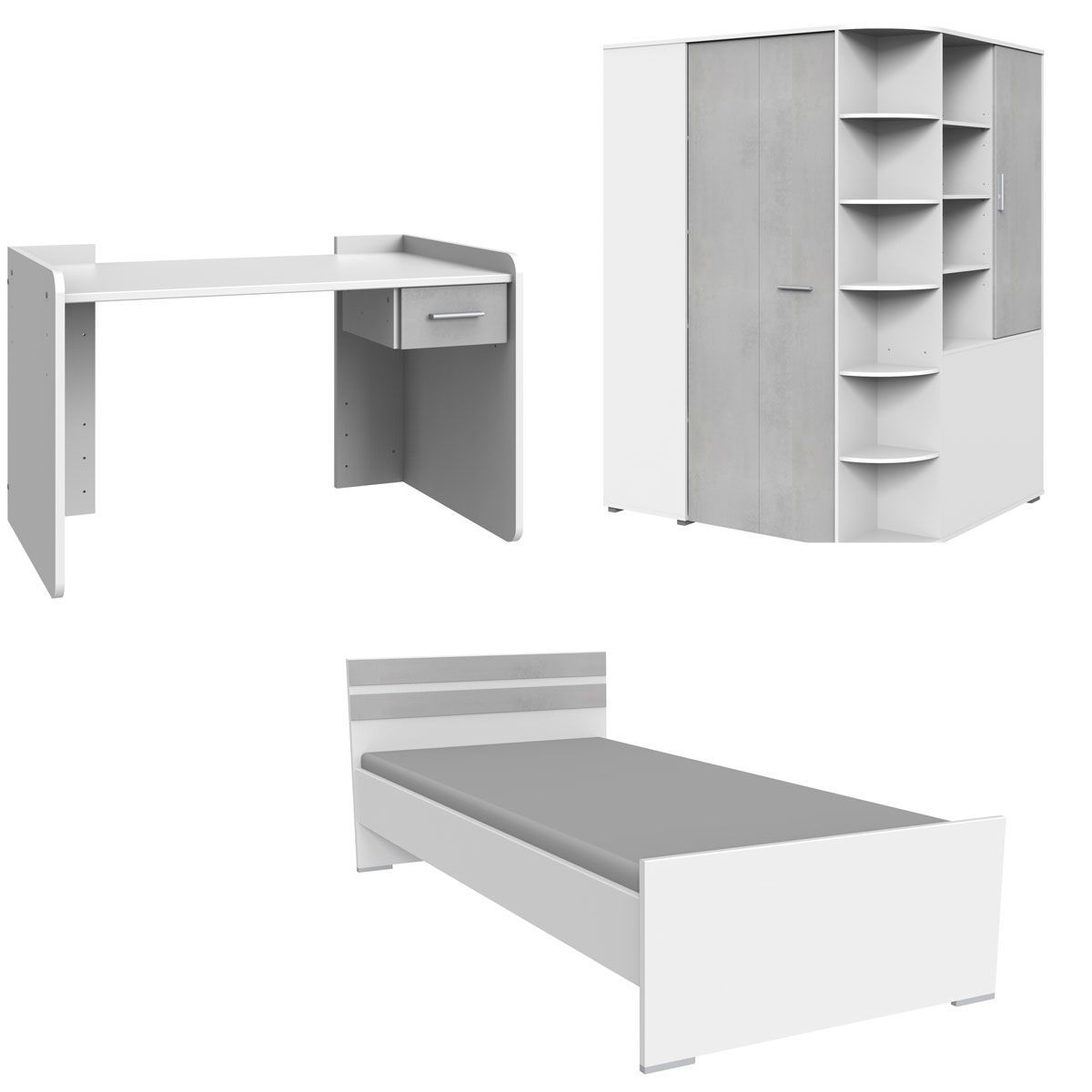Wimex Joker Jugendzimmer 3-teilig Schreibtisch verstellbar Weiß / Beton-Nachbildung