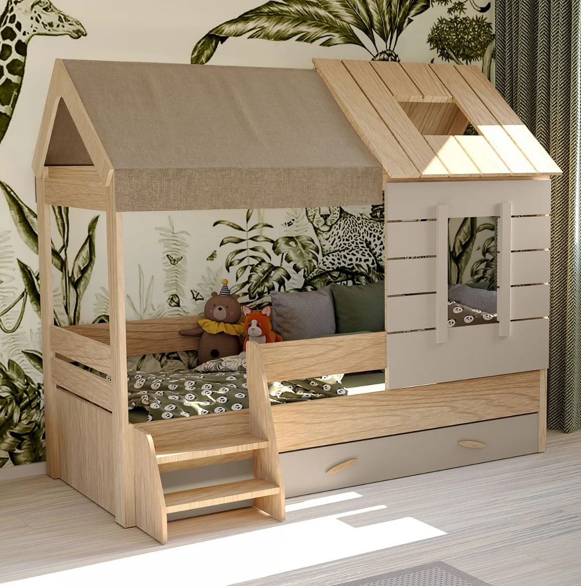 Nature Kid My House Hausbett natur 90 x 200 cm inkl. Stoffdach und Bettkasten