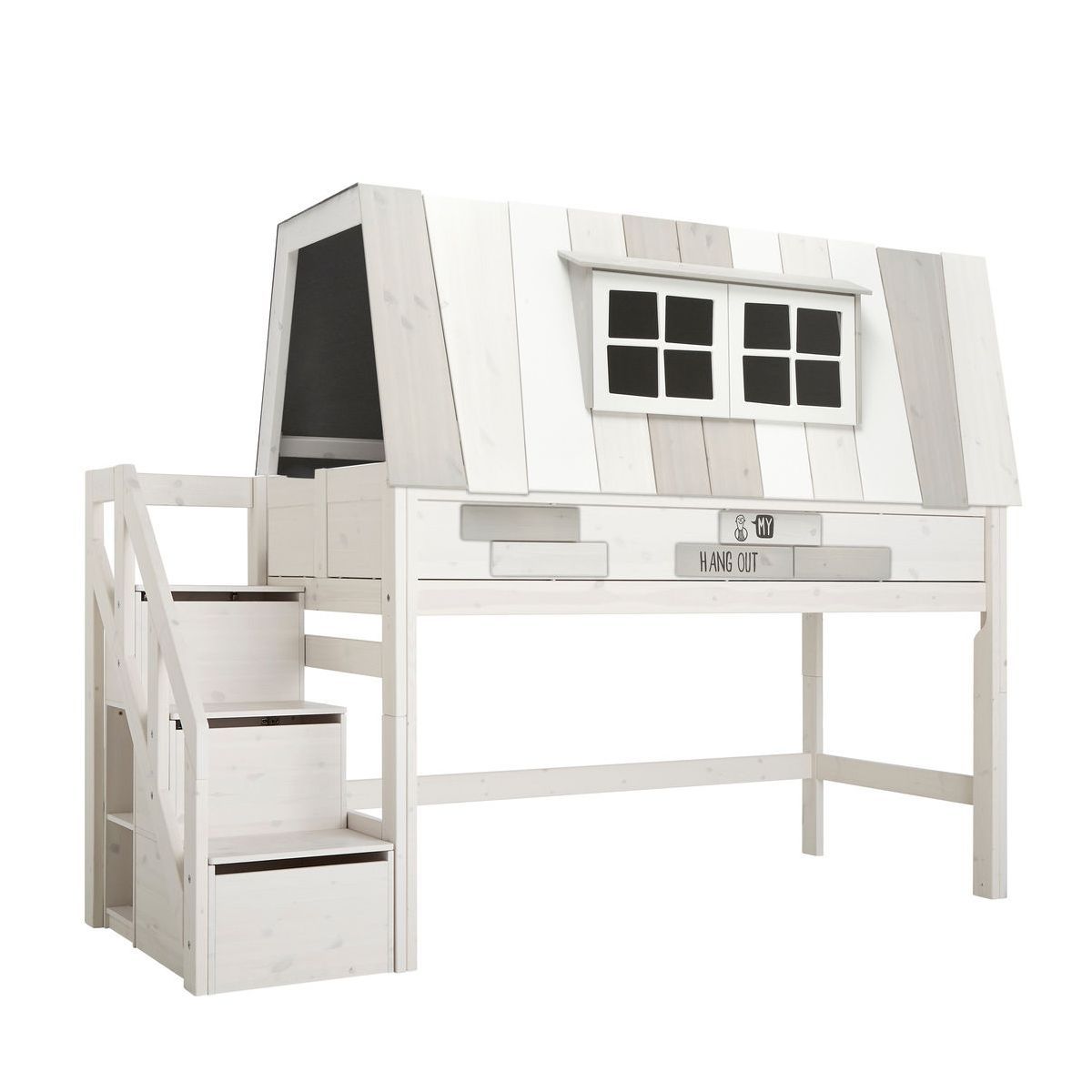 LIFETIME Halbhohes Bett Hangout mit Treppe whitewash - inkl. Rollrost