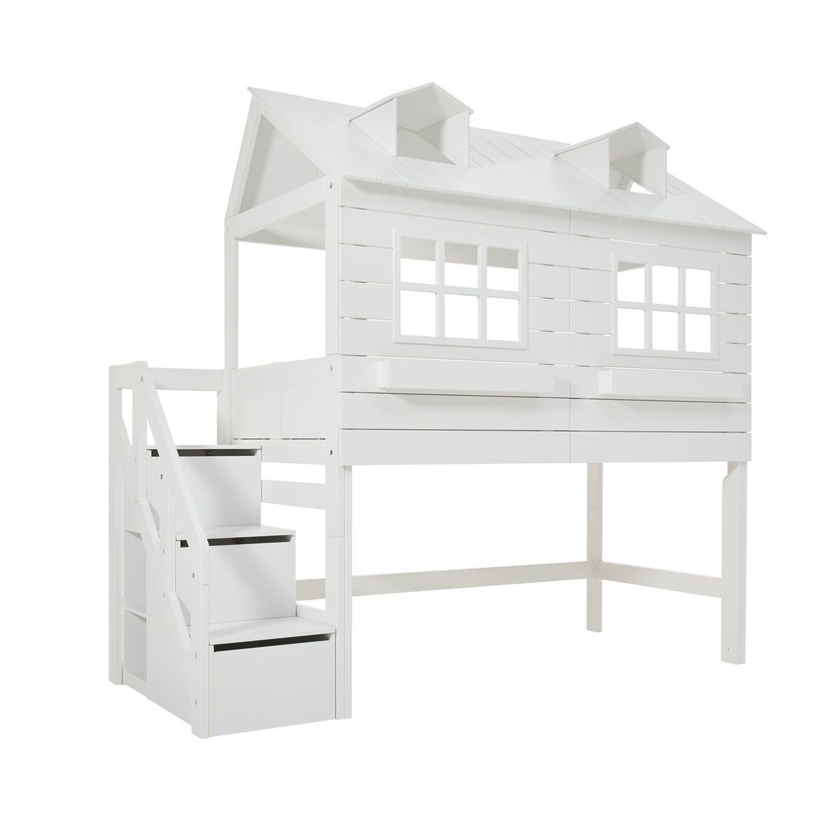 LIFETIME Halbhohes Bett Lakehouse mit Treppe weiß - inkl. Rollrost