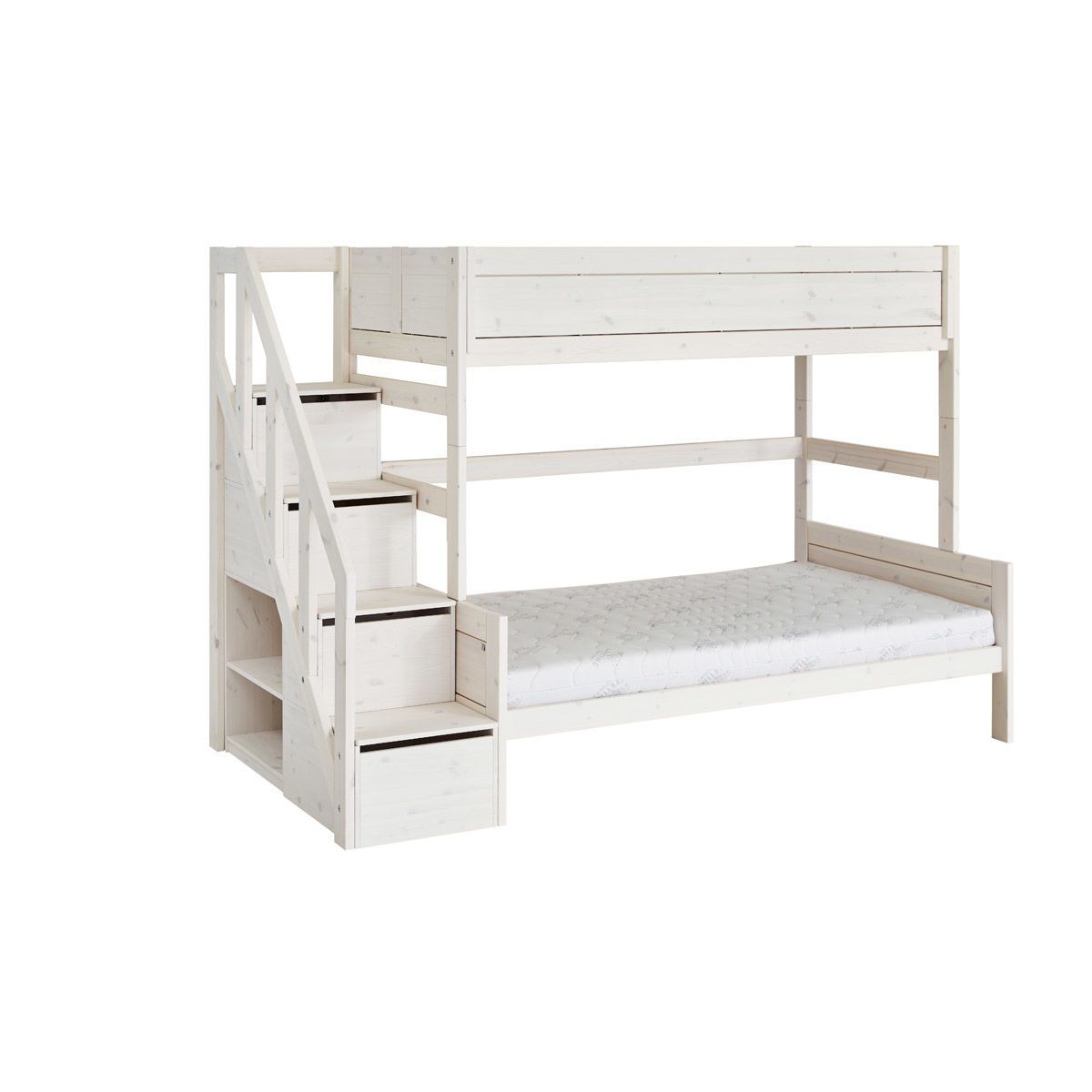 LIFETIME Etagenbett 177 cm mit Treppe whitewash Kiefer, 90x200 / 120x200