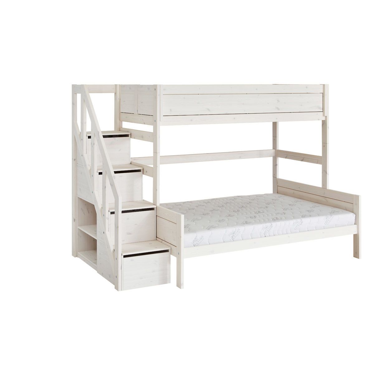 LIFETIME Etagenbett 177 cm mit Treppe whitewash Kiefer, 90x200 / 140x200