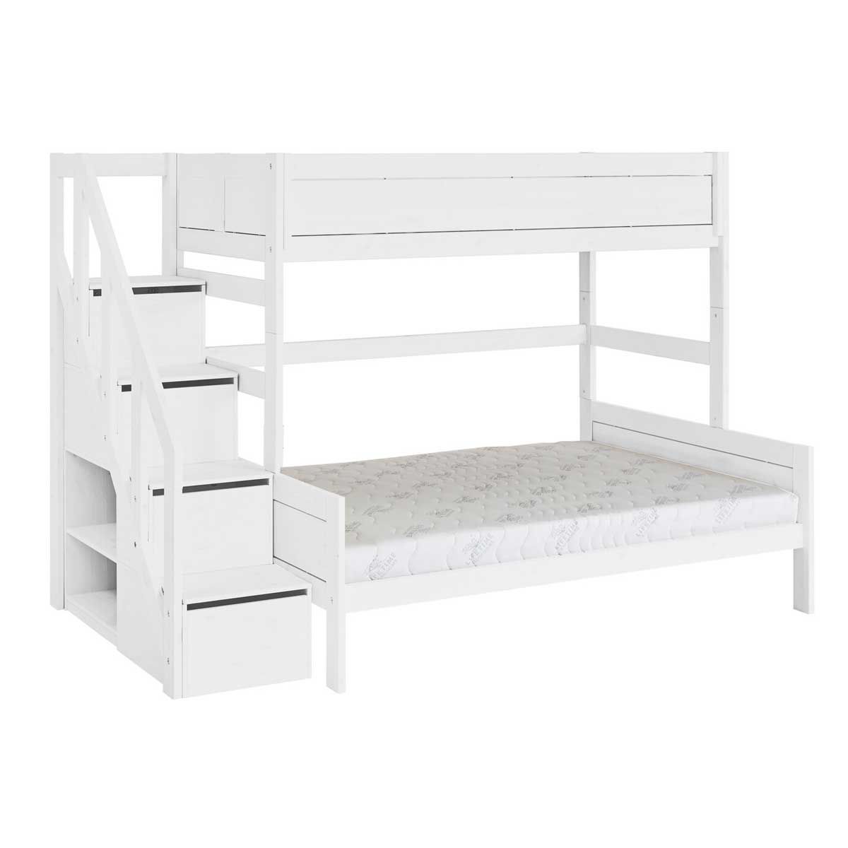 LIFETIME Etagenbett 177 cm mit Treppe weiß Kiefer, 90x200 / 140x200