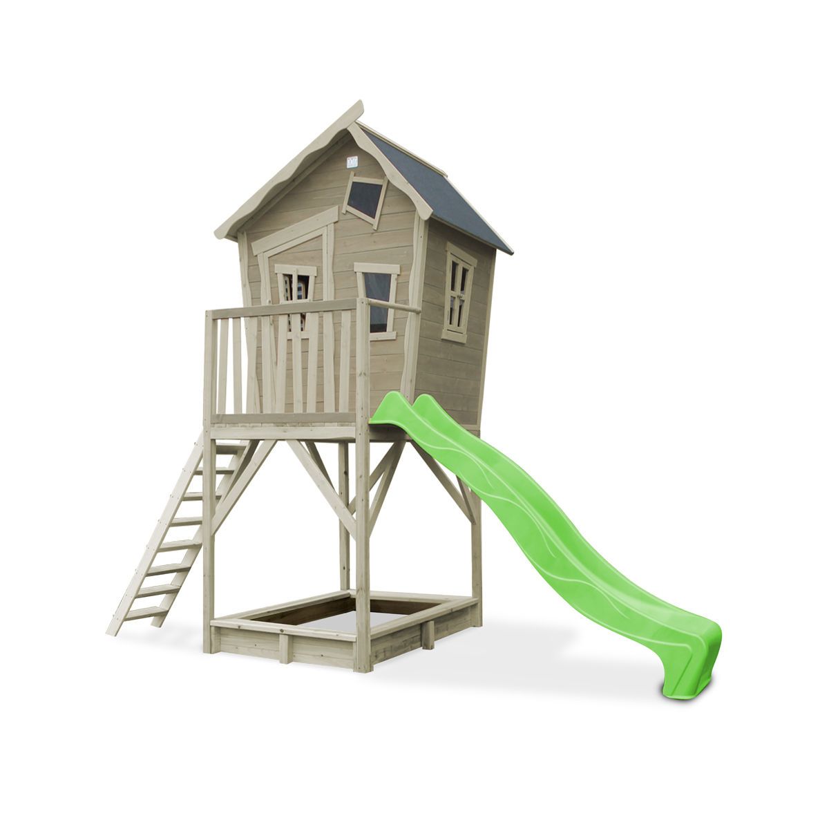 EXIT Crooky 700 Holzspielhaus - graubeige extra hoch - mit Rutsche & Sandkasten
