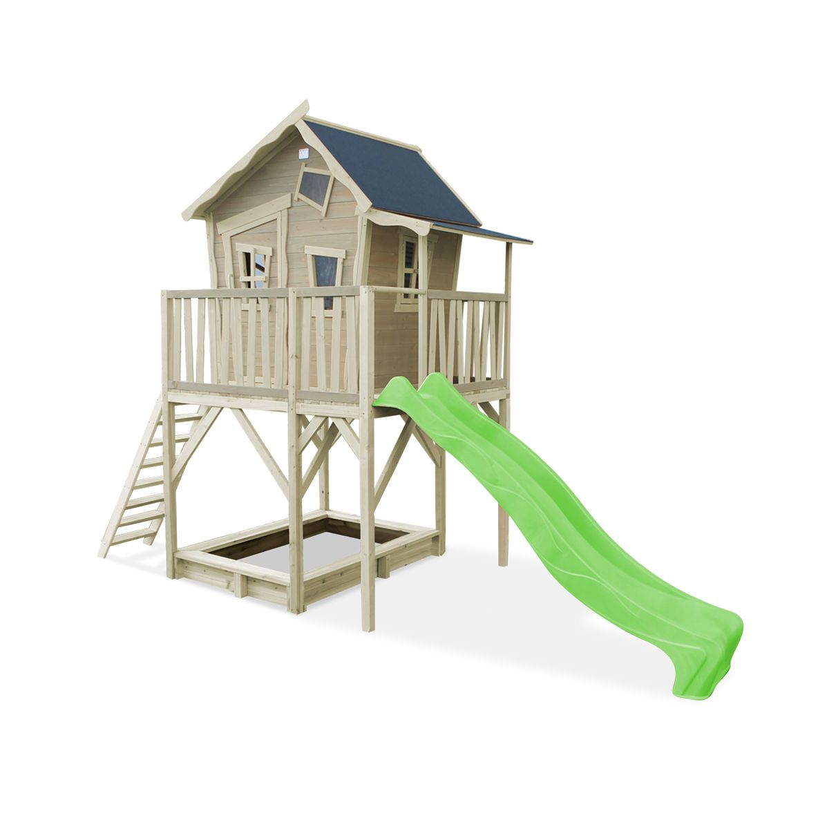 EXIT Crooky 750 Holzspielhaus - graubeige extra hoch - mit Rutsche, Veranda & Sandkasten