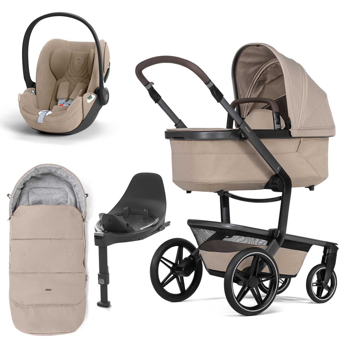 Joolz Day5 Kinderwagen Bundle Sandy taupe + Cloud T i-Size, Base T & Fußsack
