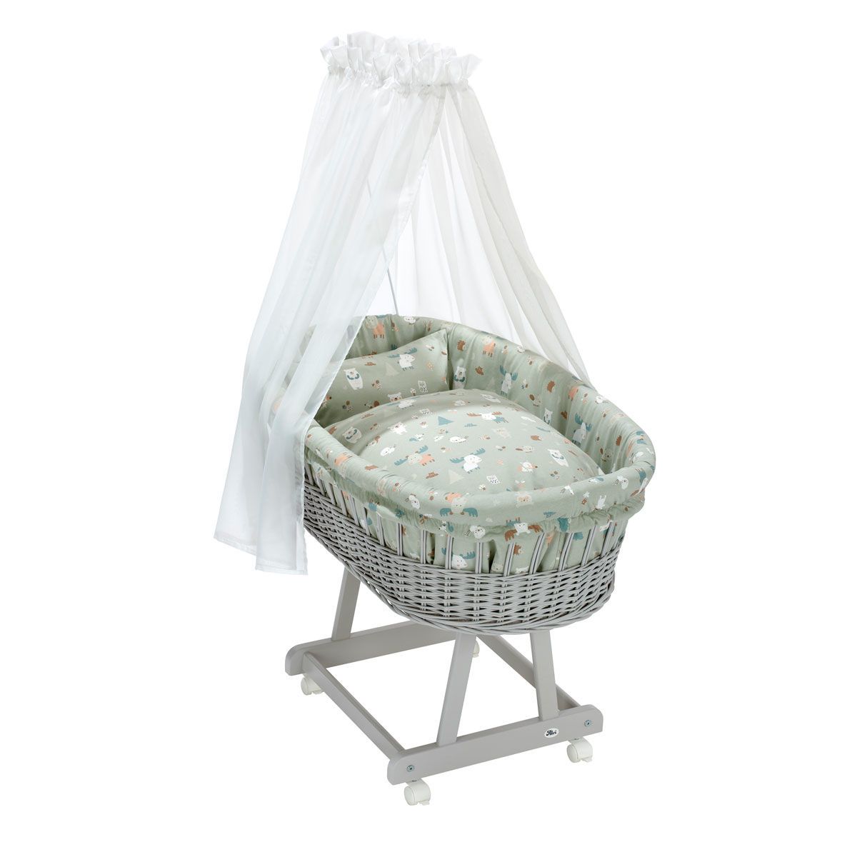 Alvi Birthe Stubenwagen silbergrau Komplettset Matratze, Himmelstange und Garnitur Baby Forest
