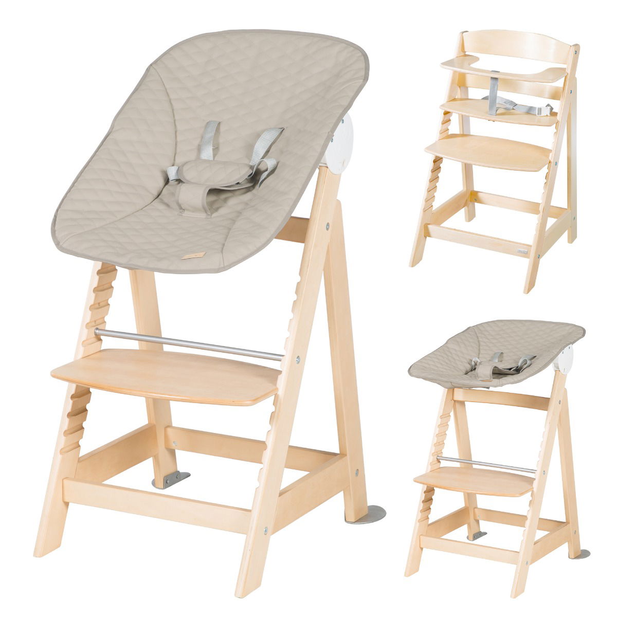 Roba Born Up Treppenhochstuhl Natur 2in1 Set inkl. Liegeaufsatz Greyish gesteppt