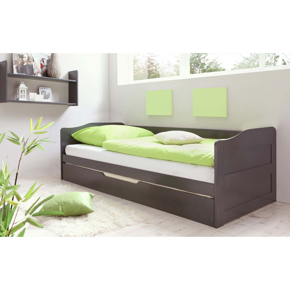 Ticaa Melinda Sofabett mit Auszug grau Massivholz - 90 x 200 cm