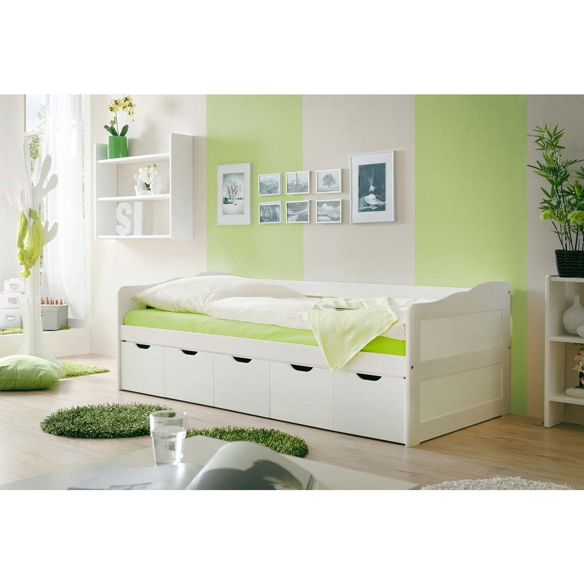 Ticaa Maria Sofabett mit Schubkästen weiß Massivholz - 90 x 200 cm