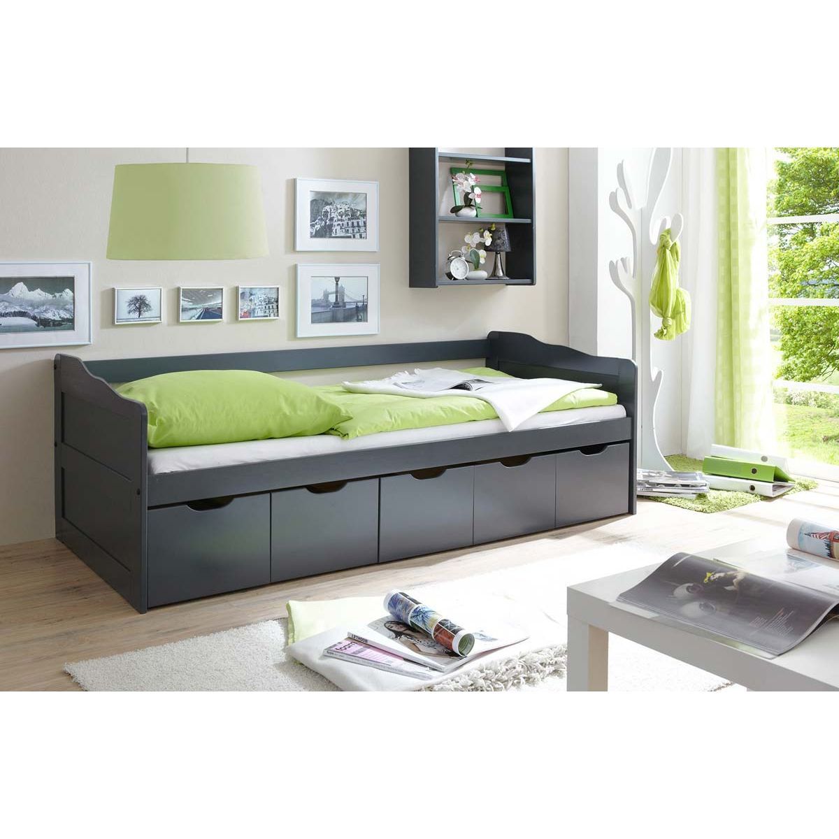 Ticaa Maria Sofabett mit Schubkästen grau Massivholz - 90 x 200 cm