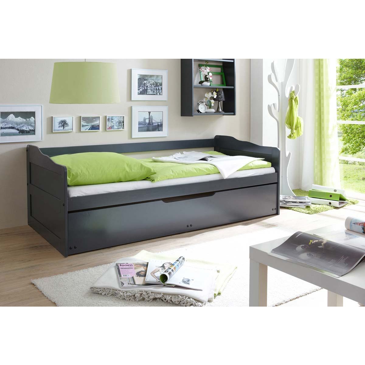 Ticaa Marianne Sofabett mit Auszug grau Massivholz - 90 x 200 cm