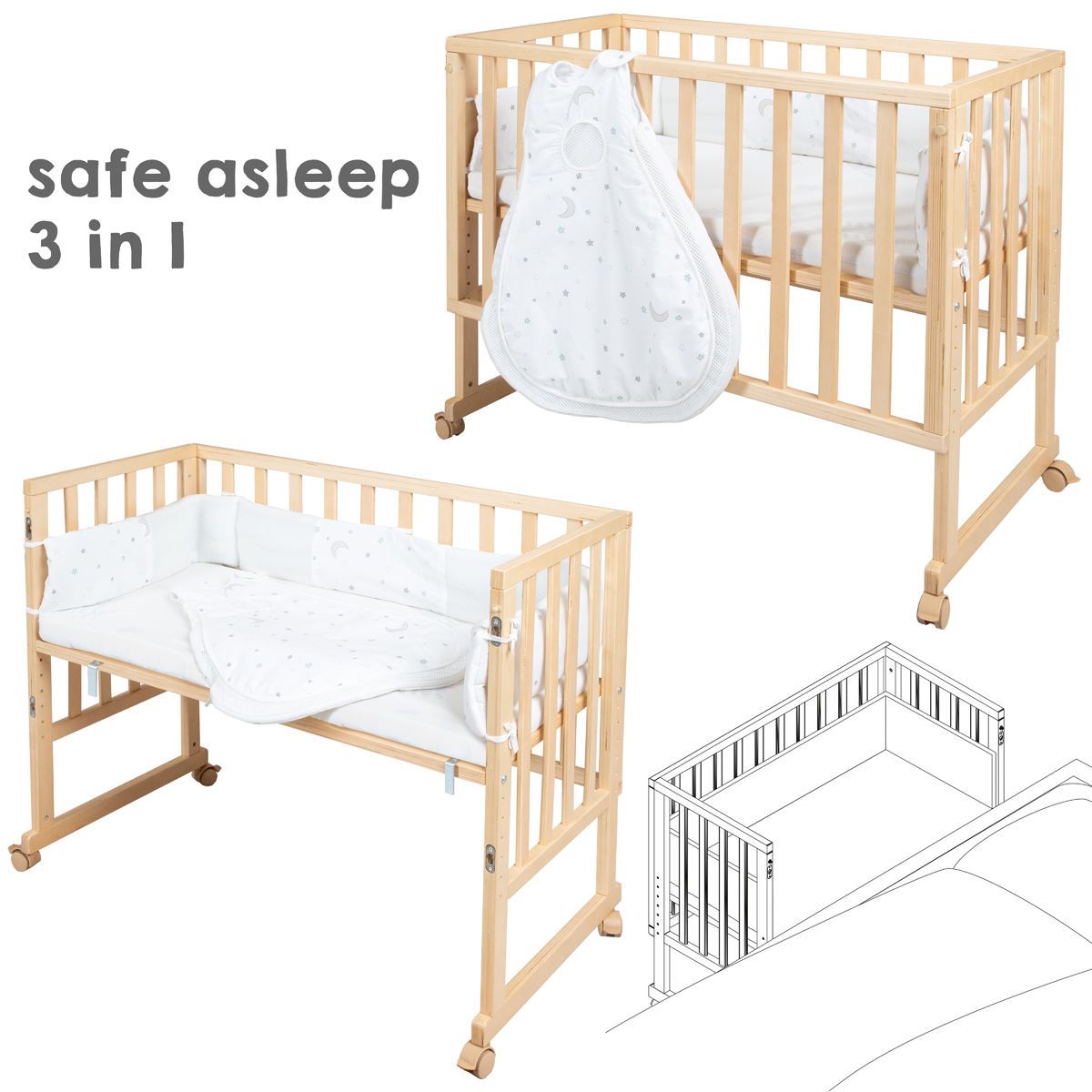 Roba Stubenbett safe asleep® 3 in1 - Natur inklusive Matratze, Nest & Schlafsack Easy Air
