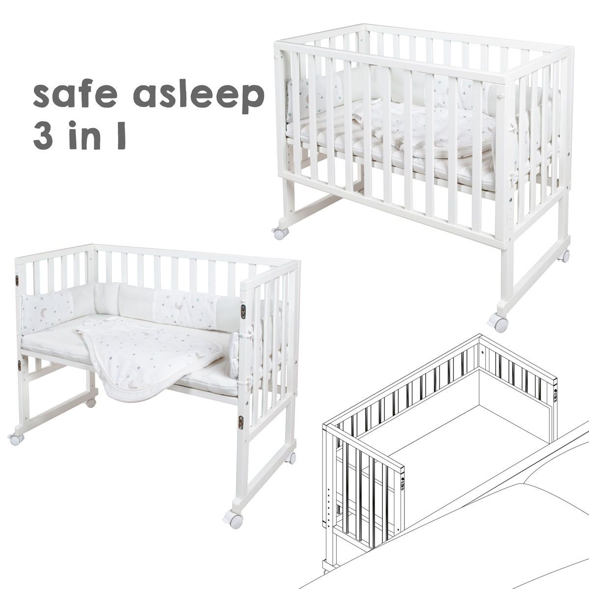 Roba Stubenbett safe asleep® 3 in1 - Weiß inklusive Matratze, Nest & Schlafsack Easy Air