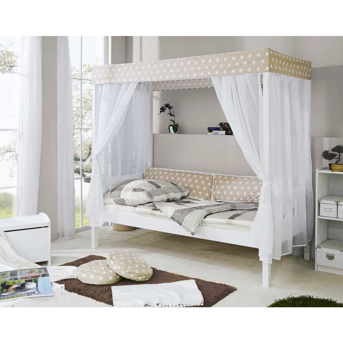 Ticaa Himmelbett Stern Beige Kiefer Weiß Massivholz - 90 x 200 cm, inkl. Tüll-Textilien