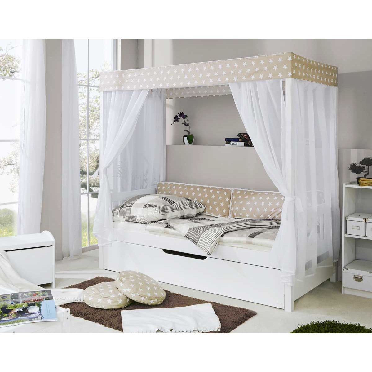 Ticaa Himmelbett Stern Beige Kiefer Weiß inkl. Bettkasten & Tüll-Textilien - 90 x 200 cm
