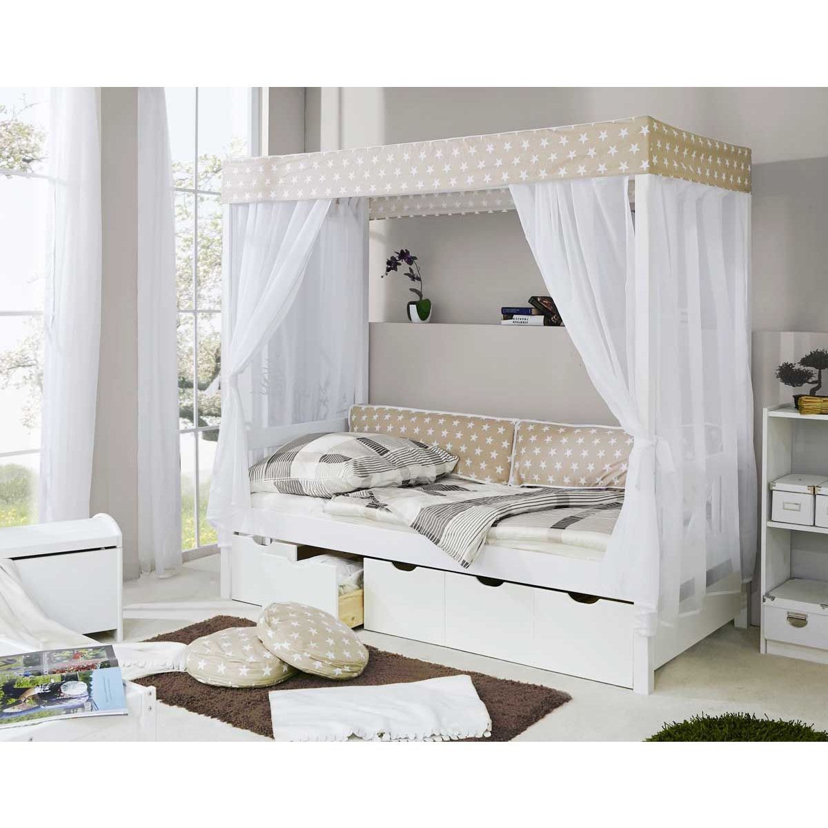 Ticaa Himmelbett Stern Beige Kiefer Weiß inkl. 5 Schubkästen & Tüll-Textilien - 90 x 200 cm