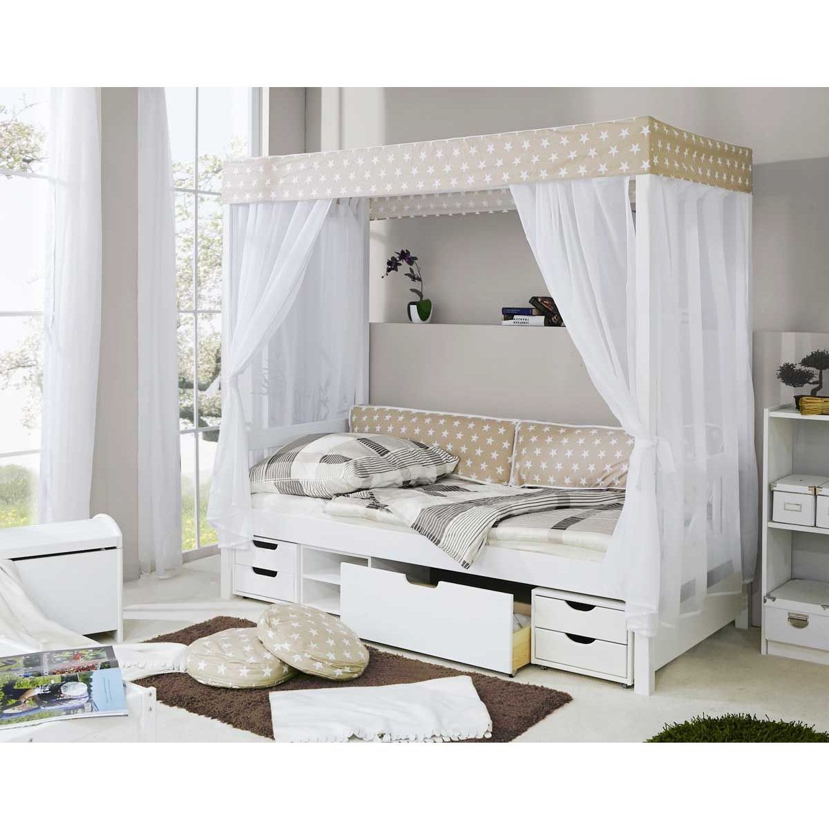 Ticaa Himmelbett Stern Beige Kiefer Weiß inkl. Regalelement & Tüll-Textilien - 90 x 200 cm