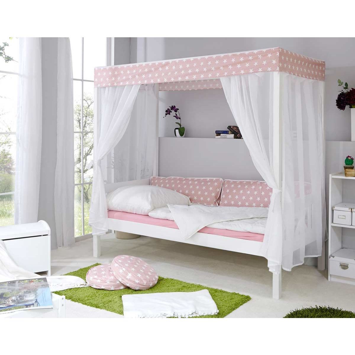 Ticaa Himmelbett Stern Rosa Kiefer Weiß Massivholz - 90 x 200 cm, inkl. Tüll-Textilien