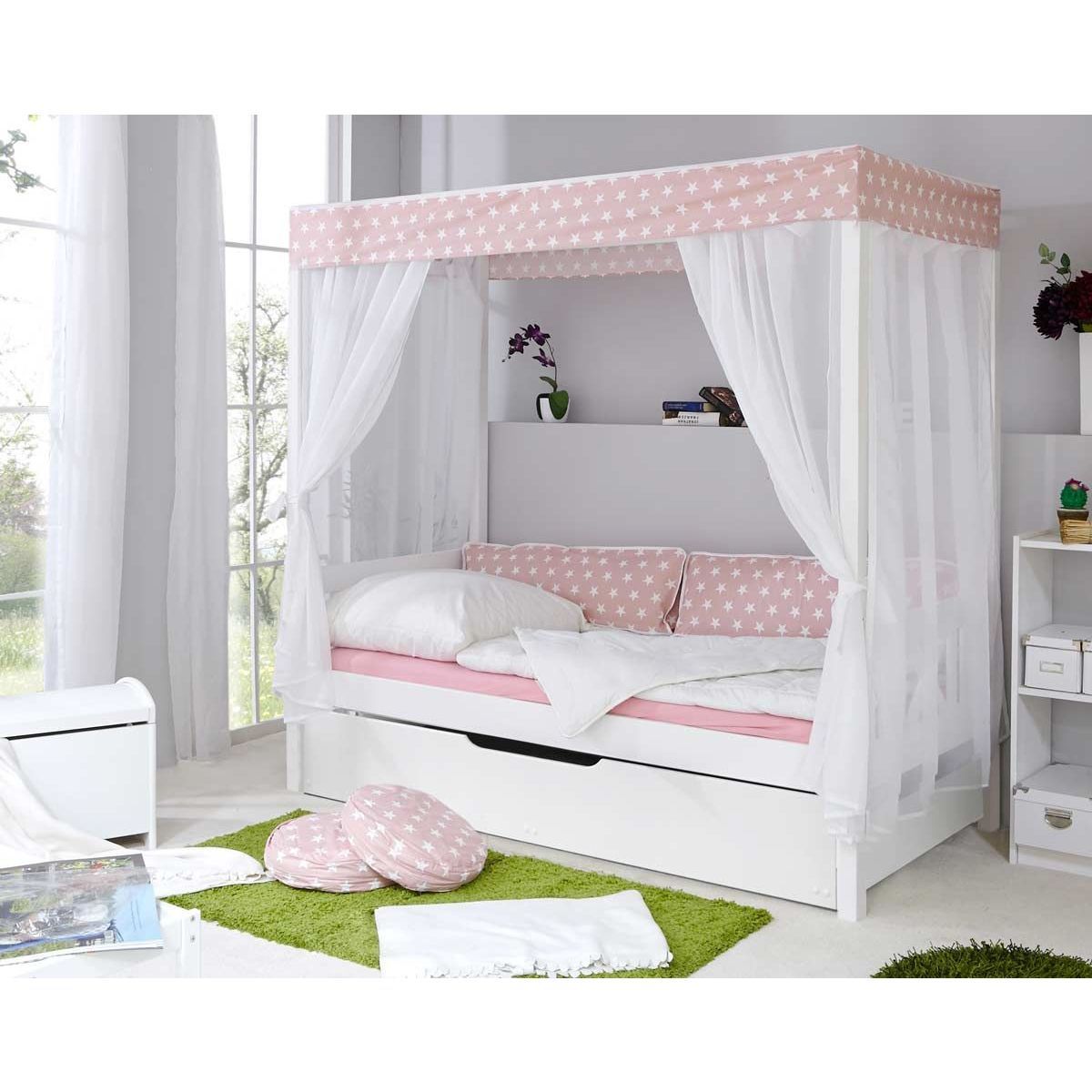 Ticaa Himmelbett Stern Rosa Kiefer Weiß inkl. Bettkasten & Tüll-Textilien - 90 x 200 cm
