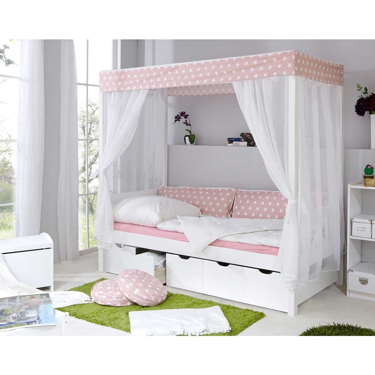 Ticaa Himmelbett Stern Rosa Kiefer Weiß inkl. 5 Schubkästen & Tüll-Textilien - 90 x 200 cm