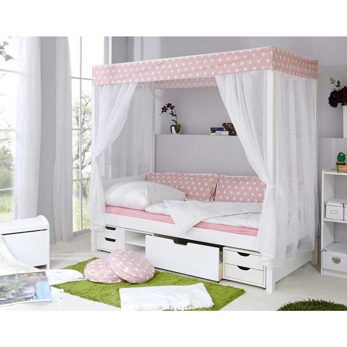 Ticaa Himmelbett Stern Rosa Kiefer Weiß inkl. Regalelement & Tüll-Textilien - 90 x 200 cm