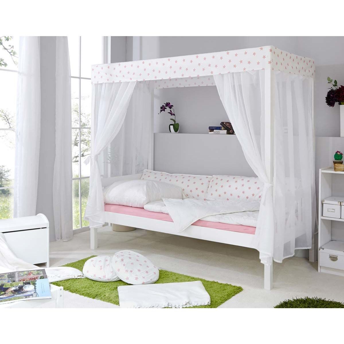 Ticaa Himmelbett Stern Weiß-Rosa Kiefer Weiß Massivholz - 90 x 200 cm, inkl. Tüll-Textilien