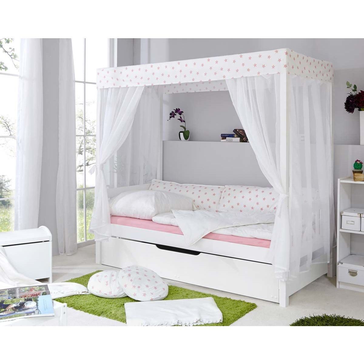 Ticaa Himmelbett Stern Weiß-Rosa Kiefer Weiß inkl. Bettkasten & Tüll-Textilien - 90 x 200 cm