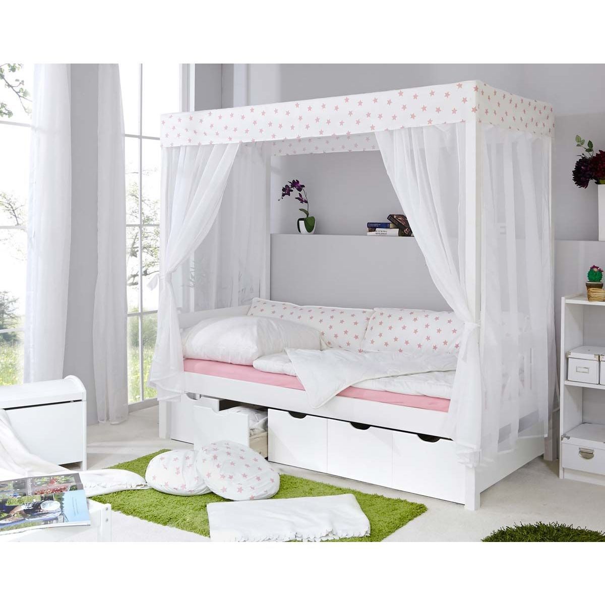 Ticaa Himmelbett Stern Weiß-Rosa Kiefer Weiß inkl. 5 Schubkästen & Tüll-Textilien - 90 x 200 cm