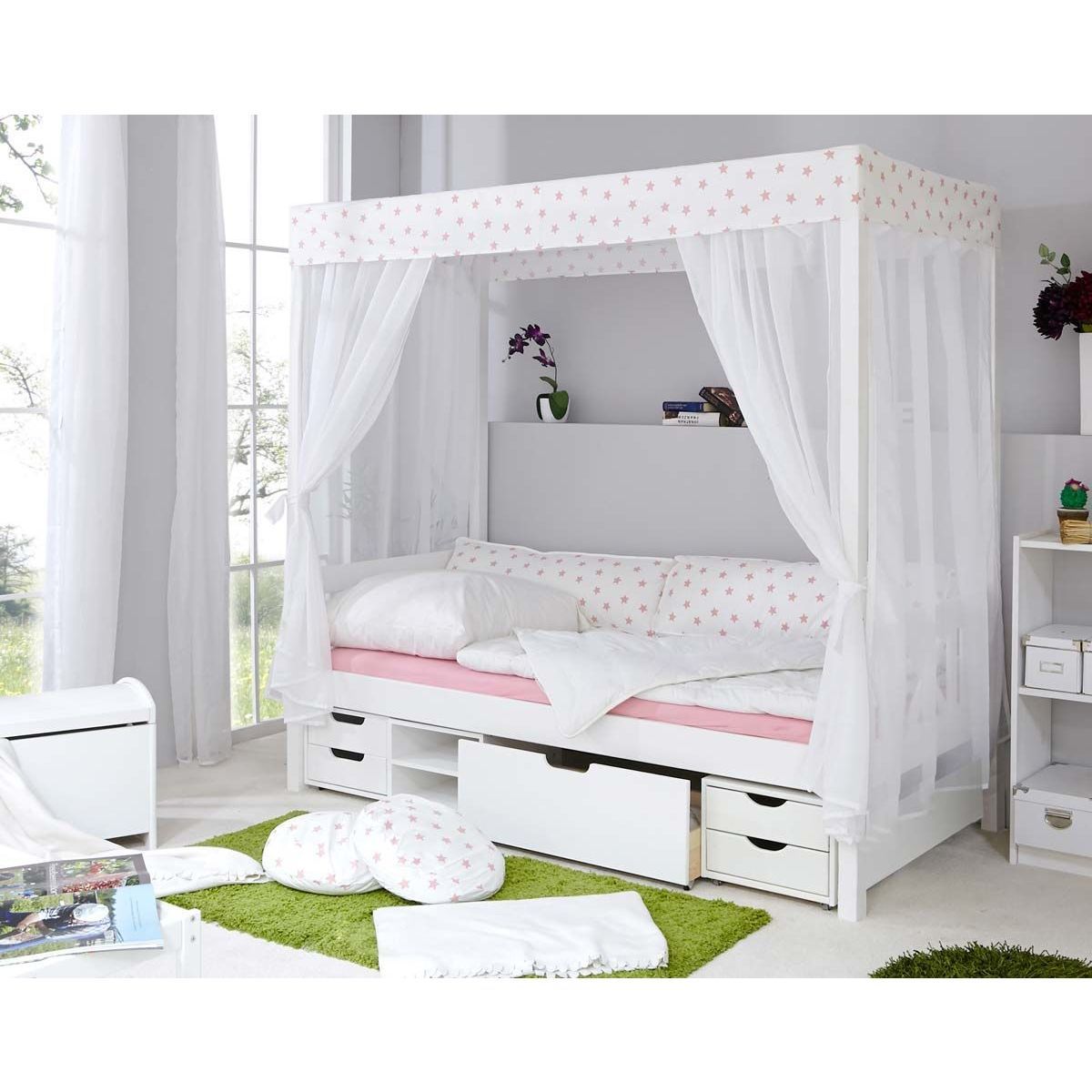 Ticaa Himmelbett Stern Weiß-Rosa Kiefer Weiß inkl. Regalelement & Tüll-Textilien - 90 x 200 cm