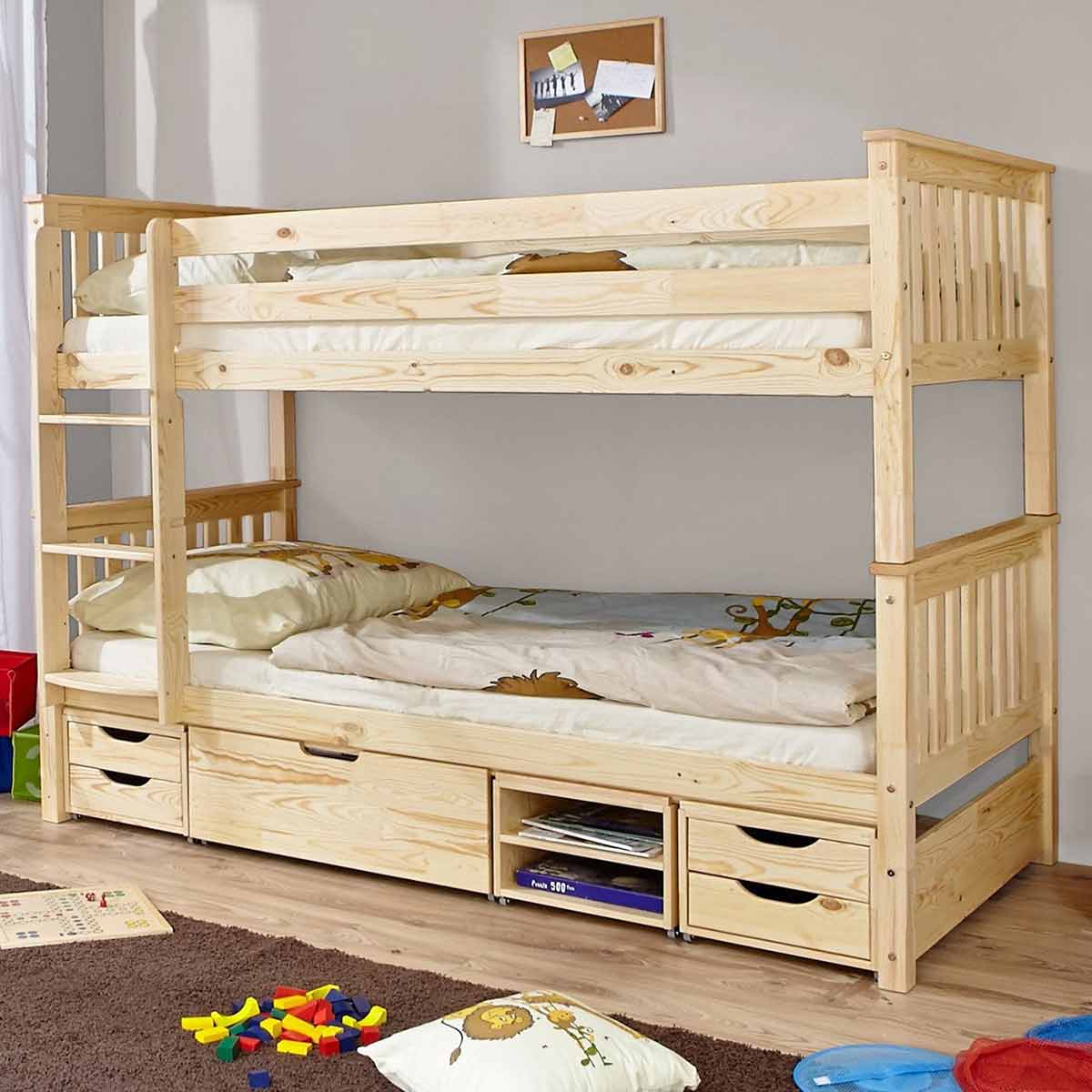 Ticaa Sammy Etagenbett Kiefer natur mit Funktionsschubkasten Massivholz