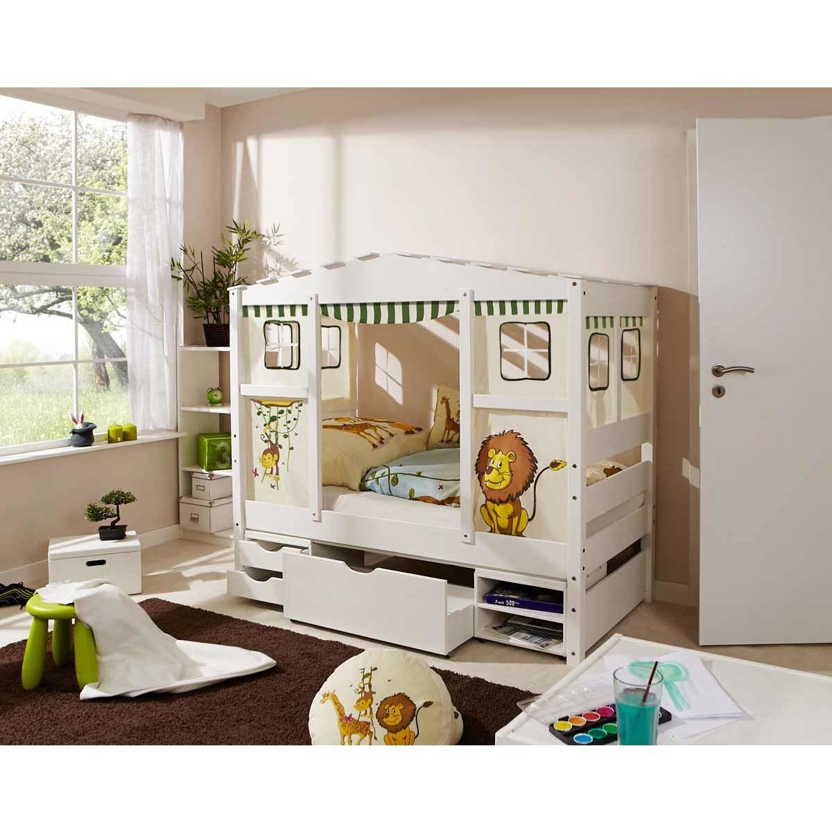 Ticaa Hausbett MINI Safari Kiefer mit Regalelement Massivholz - Dessin: Safari - 80 x 160 cm