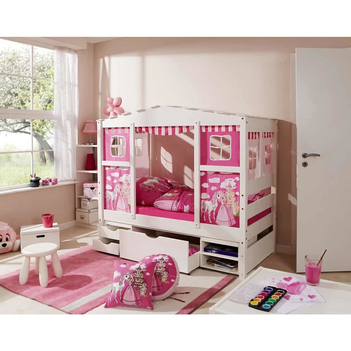 Ticaa Hausbett MINI Horse Rosa Kiefer Regalelement Massivholz - Dessin: Horse Rosa - 80 x 160 cm